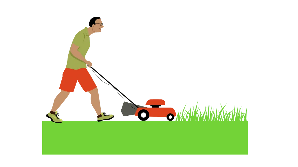 a graphic of a man mowing the lawn