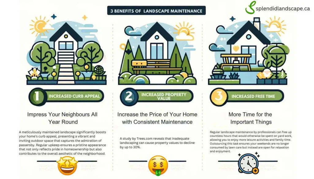 Infographic presenting 3 benefits of landscape maintenance: 1. Increased Curb Appeal with a graphic of a well-kept house and garden, 2. Increased Property Value with an icon of a house and upward trending arrow, and 3. Increased Free Time with an icon of a house and clock, all alongside brief explanatory text, for splendidlandscape.ca.