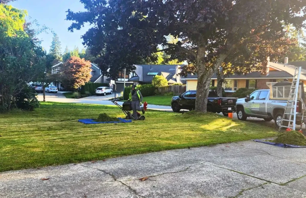 cleaning up the trimmings after mowing a lawn