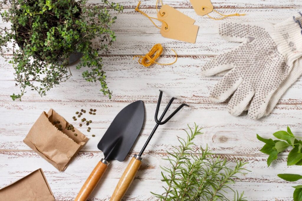 Gardening gloves, trowel, fork and seed packets laid out on boards