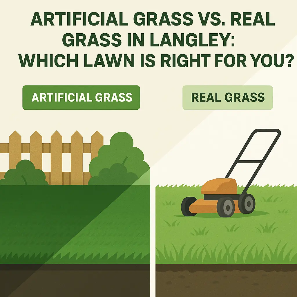 Side-by-side comparison of artificial vs. real grass lawns in Langley, highlighting pros, cons, and maintenance.