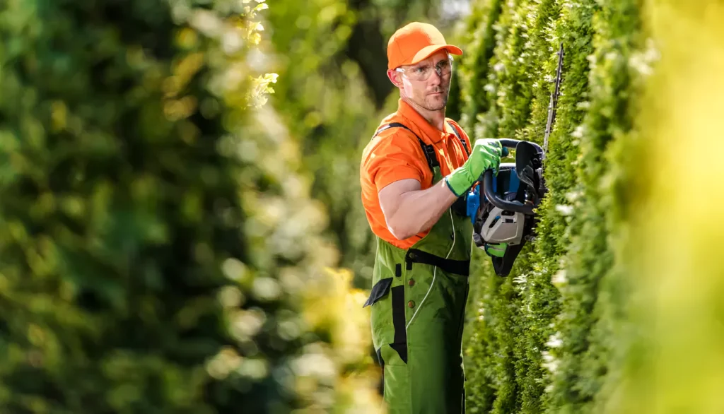 Landscaper trimming a tall cedar hedge with a petrol hedge trimmer