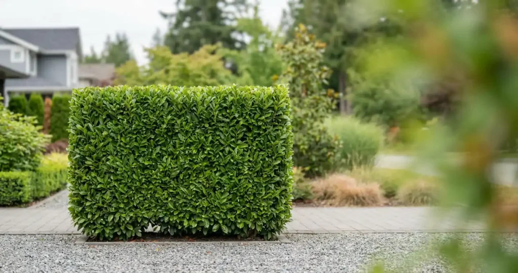 Squarely cut laurel hedge block beside a gravel path