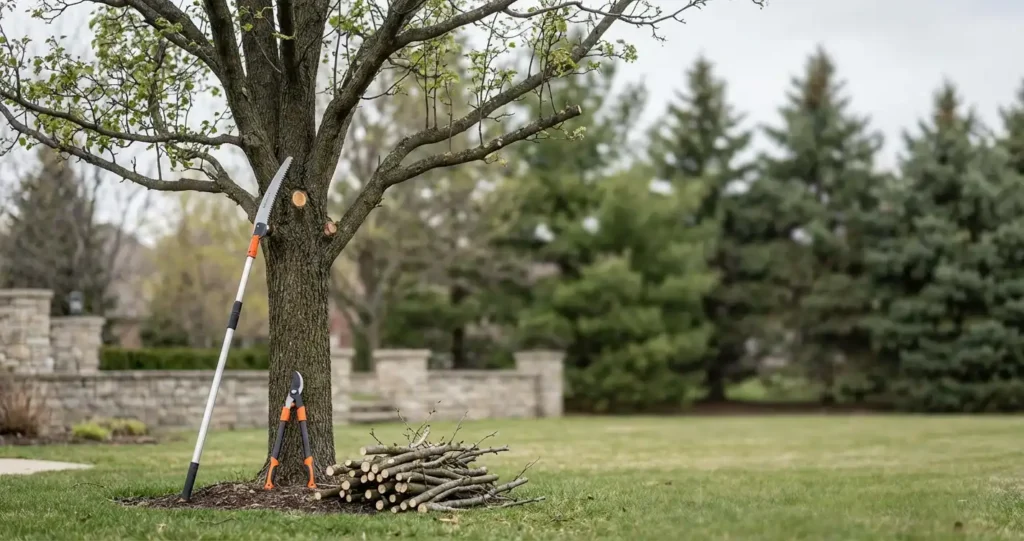 A pole pruner propped against a tree trunk beside a stacked pile of cut branches