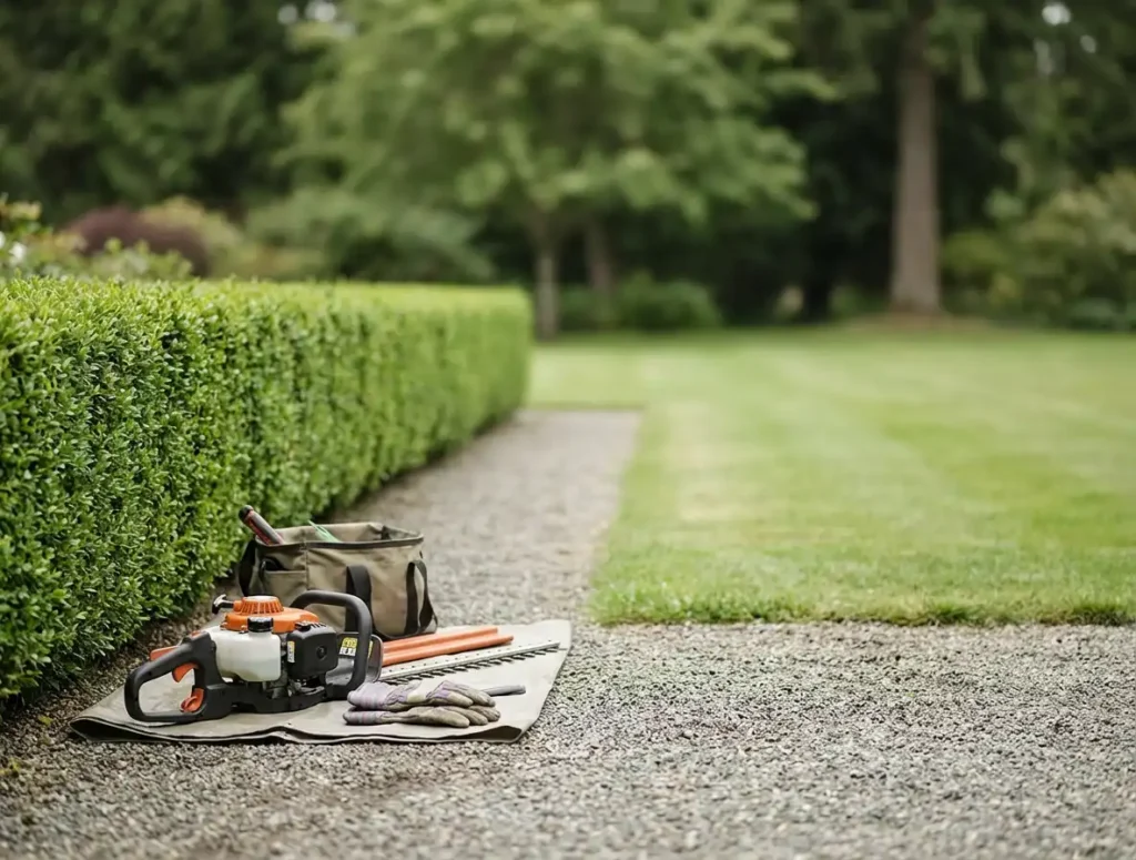 A long clipped hedge run beside a gravel path with a wide lawn and mature trees