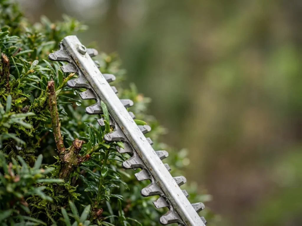 Hedge trimmer blade cutting into a wet yew hedge