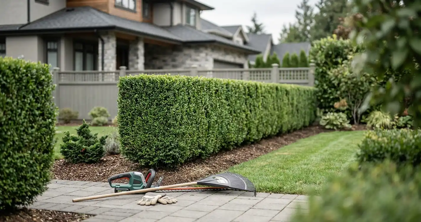 Trimmed laurel hedge running along the front of a BC home