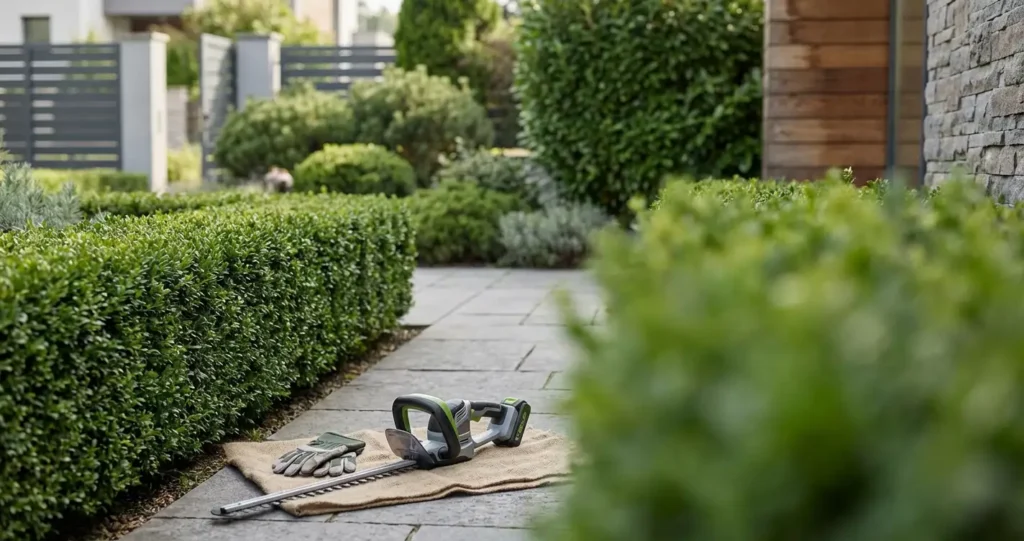 Clipped hedge rows along a paved path with a hedge trimmer and gloves set down beside them