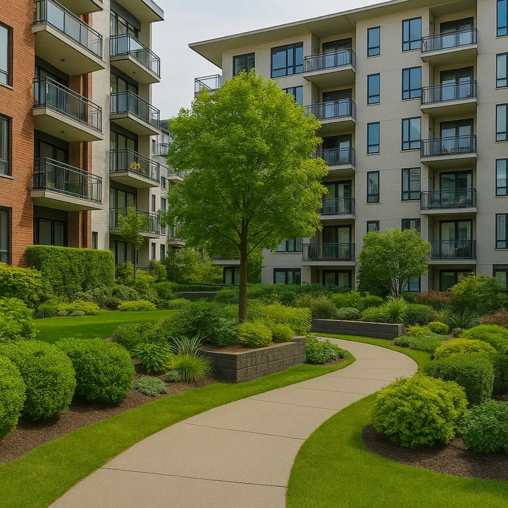 Apartment building grounds maintained by Splendid Landscaping