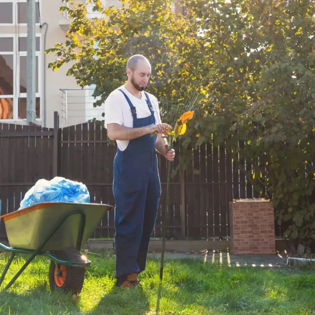Garden waste loaded into a wheelbarrow during a summer cleanup