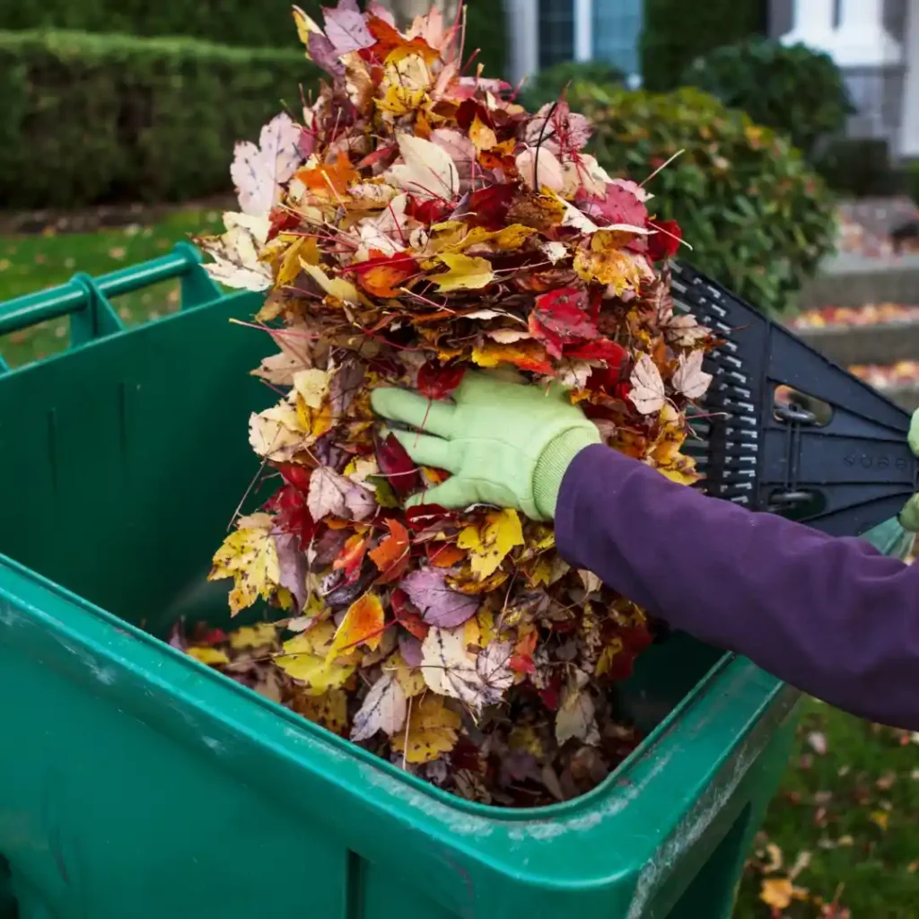 Fallen leaves being emptied into a green waste bin
