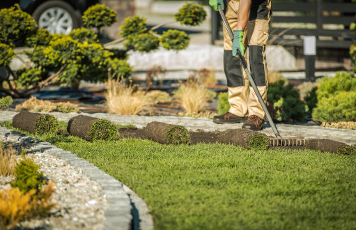 Stone edging and gravel border being installed beside a new lawn