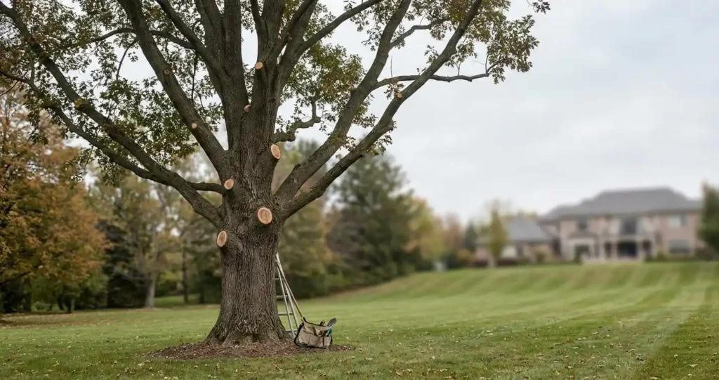 A mature tree with fresh pruning cuts visible on its major limbs