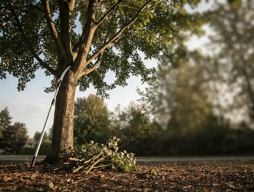 A pole pruner leaning against a tree beside a pile of cut brush