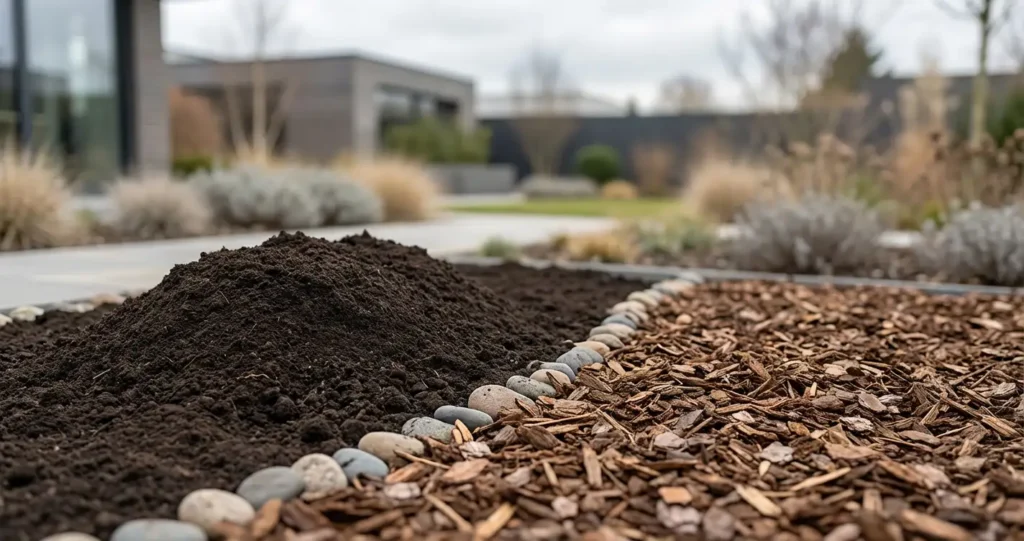 Piles of screened topsoil and bark mulch ready to spread